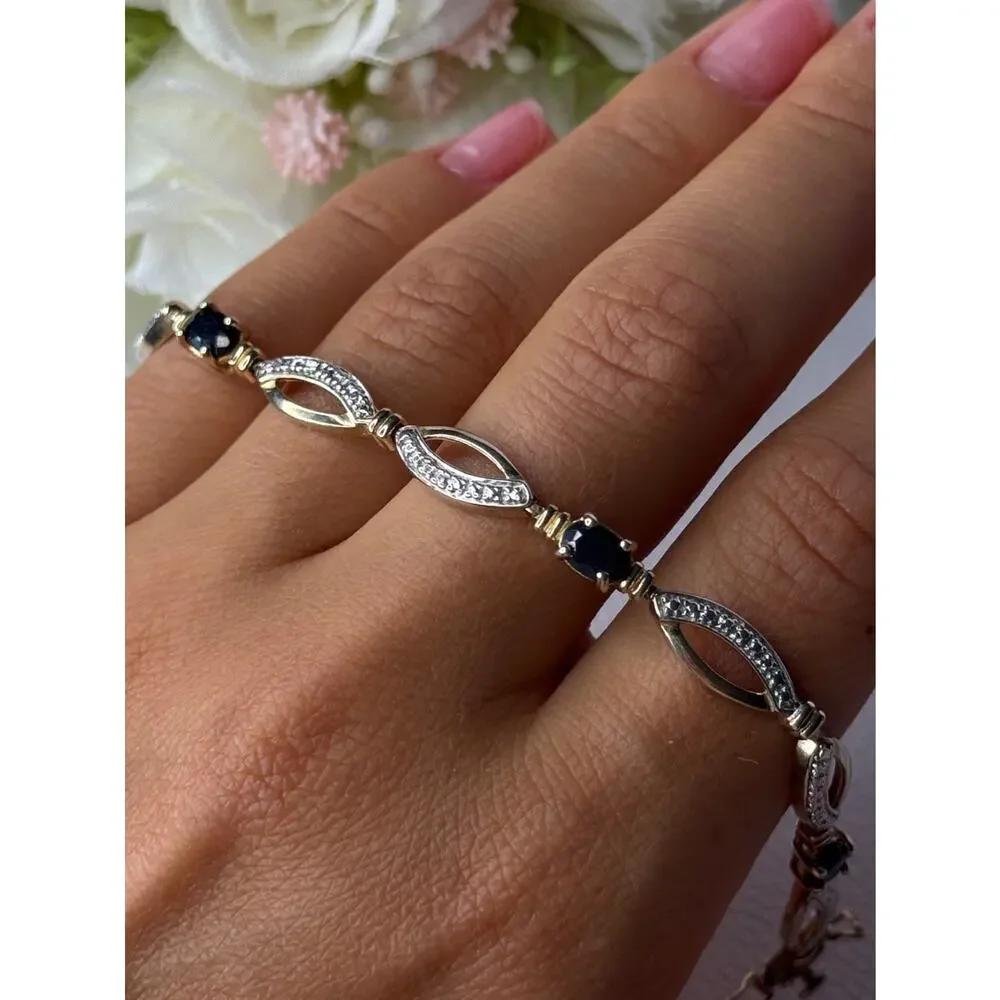 Dl 925 Sterling Silver Gold Plated Sapphire Bracelet Length 7.5 Inch